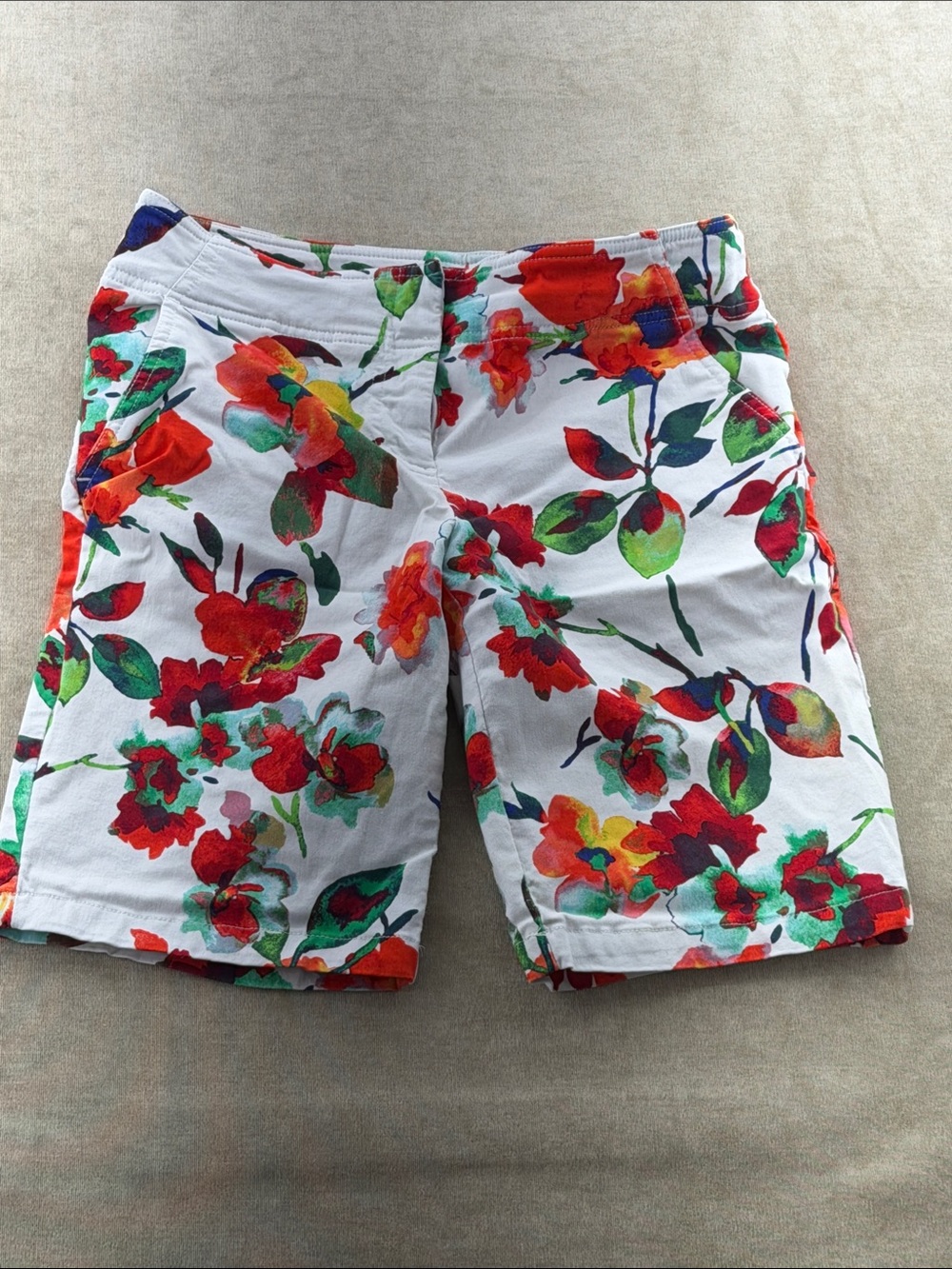 Izod White Floral Bermuda Shorts with Red & Green Print